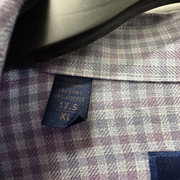 David Donahue Dress Shirt Sz 17.5 XL Fusion Gingham Check Button Up Linen Blend - Picture 10 of 11